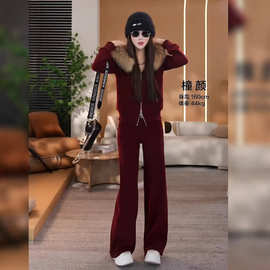 网红同款休闲减龄穿搭长裤一整套拉链开衫简约风红色卫衣两件套女