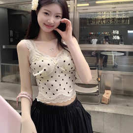 夏季新款性感纯欲风辣妹蕾丝拼接波点吊带背心女法式甜美短款上衣