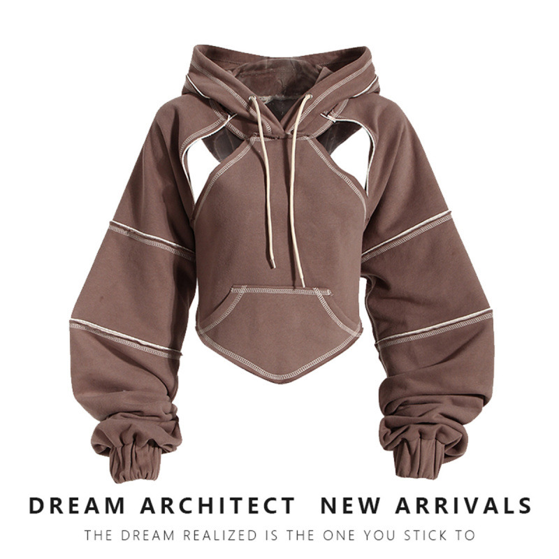 Contrast Color Topstitch Short Hooded Sweatshirt for Women 2025 Spring Layered Blouse Waistcoat Hiphop Trendy Brand Long-Sleeved Top