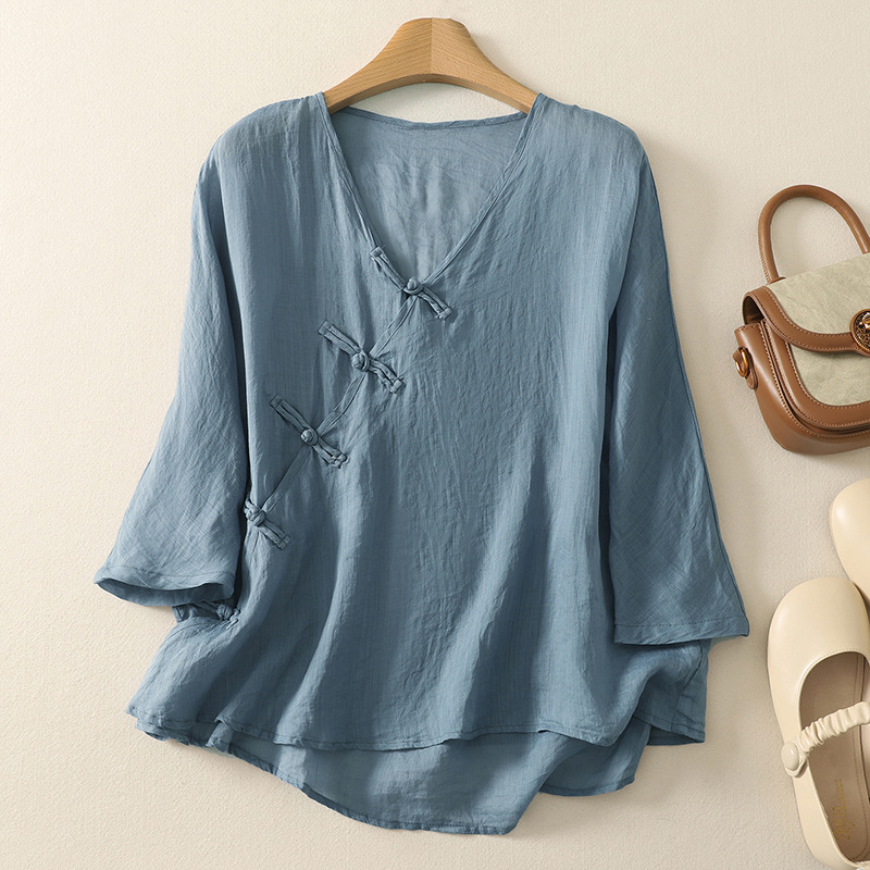 Chinese Zen Tea Clothing Ramie Top Thin Modified Hanfu Chinese Style Slant Placket Button Retro Linen Women's Clothing for Summer