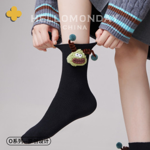 85656 Zhuji Socks Women's Spring and Autumn Cute Cartoon Mid-length Socks Funny Expression Doll Stocking Autumn and Winter Cotton