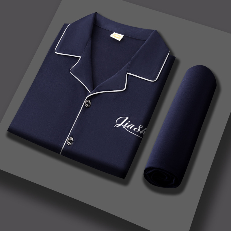 100% pijamas de algodón de manga larga de los hombres sueltos más tamaño aguja pequeño collar inverso joven y de mediana edad de primavera y otoño ropa de casa manga corta tejida