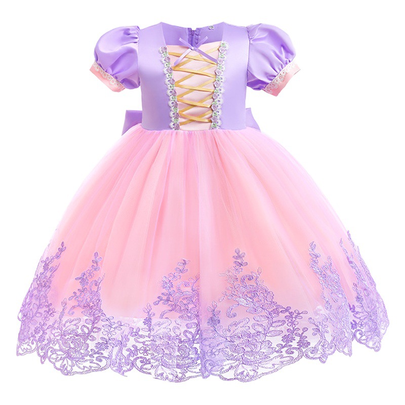 Niñas Pelo Largo princesa mullido vestido malla encaje costura arco vestido