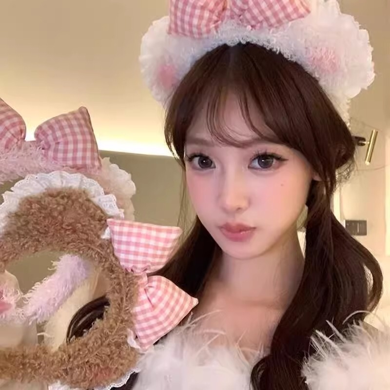 甜心腮红小熊耳朵蝴蝶结发箍蕾丝洗脸女化妆发卡可爱毛绒头箍头饰|undefined
