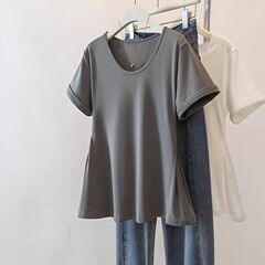 大きいサイズのミドル丈Uネック半袖Tシャツ女性用2025年夏新作ファットmmルーズ痩身お腹カバー不規則トップ