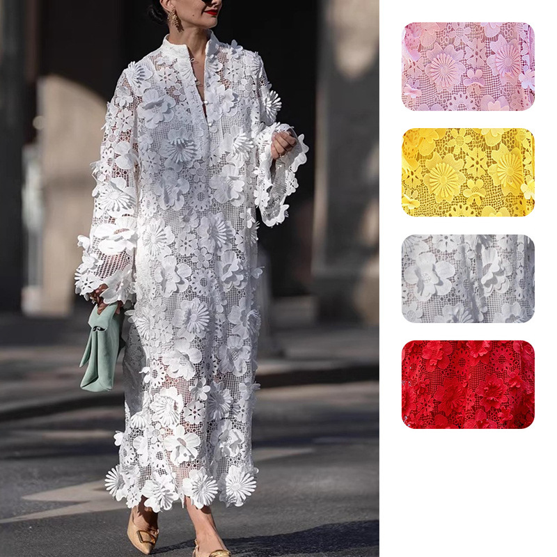 Independent Station Amazon European and American Clothing Cut Out Stereo Flower Pure Color Round Neck Long-Sleeved Dress Loose and Fashionable 8175