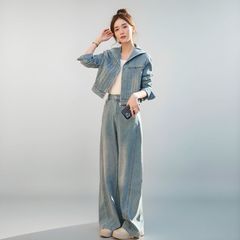 2025春秋款时尚牛仔套装女复古小个子短外套阔腿裤显瘦洋气两件套