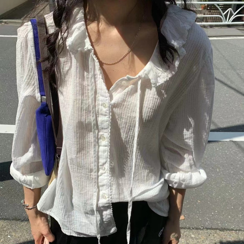 Now Ng Korean Dongdaemun Designer Mod*S* M**D Pure Color Lace Lace Lace-Up Shirt