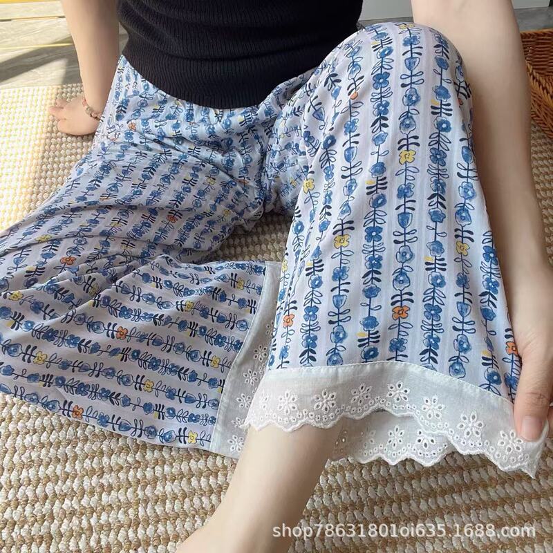 Lace-Trimmed Cotton Silk Pajama Pants for Women, Summer Thin Style, Cute Cartoon Print, Sweet Mori-Style Leisure Pants