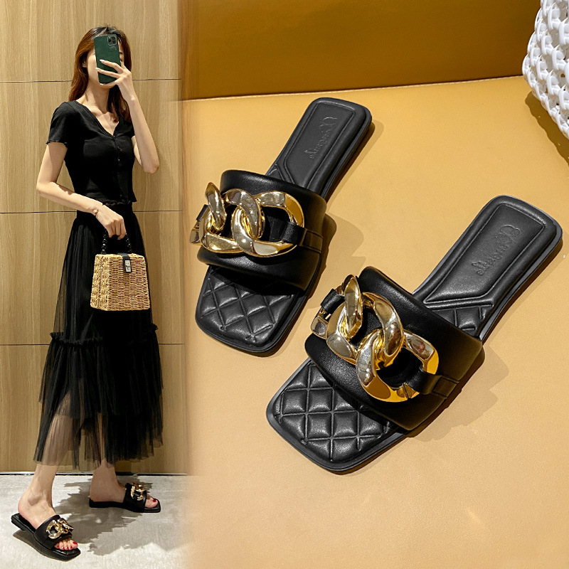 Pantofole di pelle di pecora da donna Net Red 2023 New Summer Leather One Word Pantofole da donna abbigliamento estivo moda scarpe da spiaggia tendenza_voghion.com