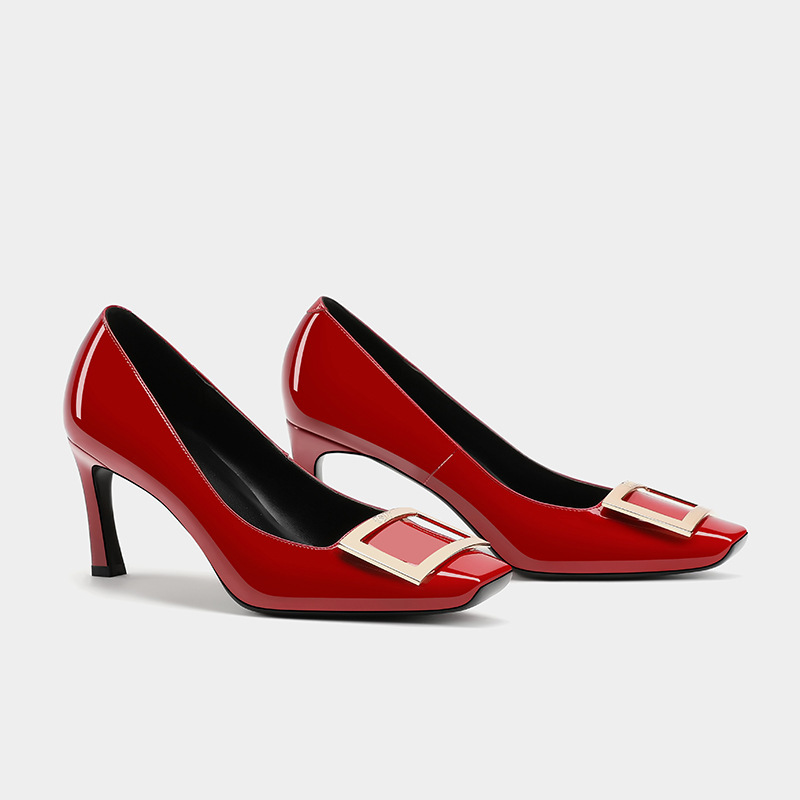 Rv Square Buckle High Heels 2026 New Model Women's Square Toe Professional Style Square Buckle Stiletto Shallow Mouth Sheepskin Shoes Red