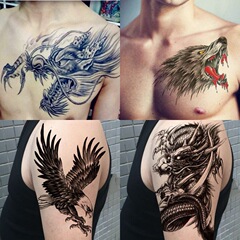 防水長持ちタトゥーステッカー、横肩ドラゴン、血まみれのオオカミの頭、胸の花、腕のリアルなトーテムタトゥーステッカー