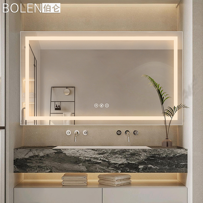 BOLLEN de lujo con caja trasera baño inteligente con pantalla táctil emisora de luz espejo cosmético de habitación de hotel montado en la pared