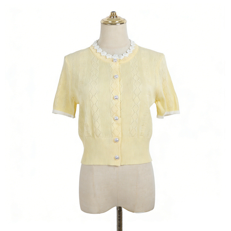Spring and Summer New Style Hollow-Out Knitted Cardigan with Round Neck, Three-Dimensional Floral Pearl Decoration, Short-Sleeved, Short-Length, Sweet and Youthful Top