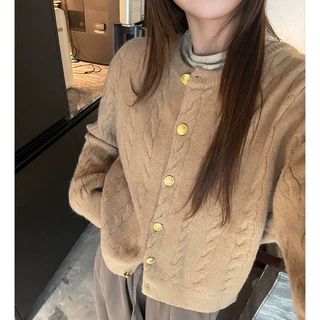 工厂新款麻花针织开衫毛衣女秋冬季韩系复古高级感圆领外套上衣