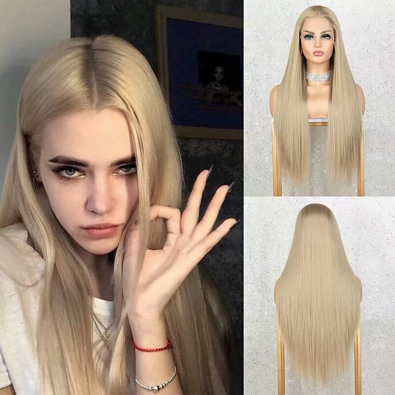 Half-Hand Hook Front Lace European and American Women's Fashion Natural Golden Free-Part Long Straight Hair Wig Chemical Fiber Full Headgear