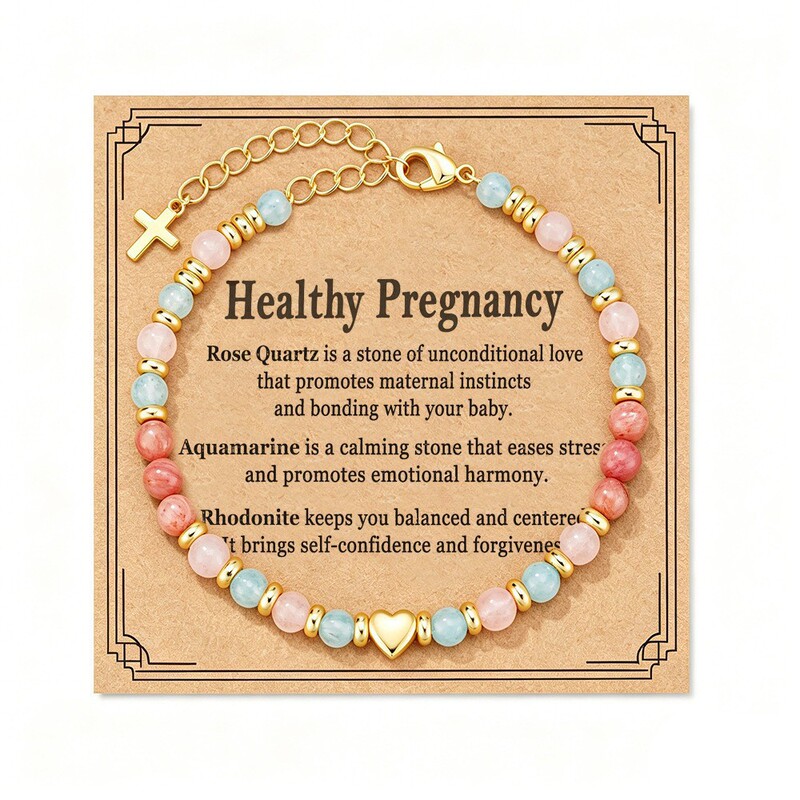 Natural Stone Triple Protection Bracelet for Women, Aquamarine, Rosewood Pattern, Pink Crystal Bracelet, Adjustable Love Heart Bracelet Jewelry