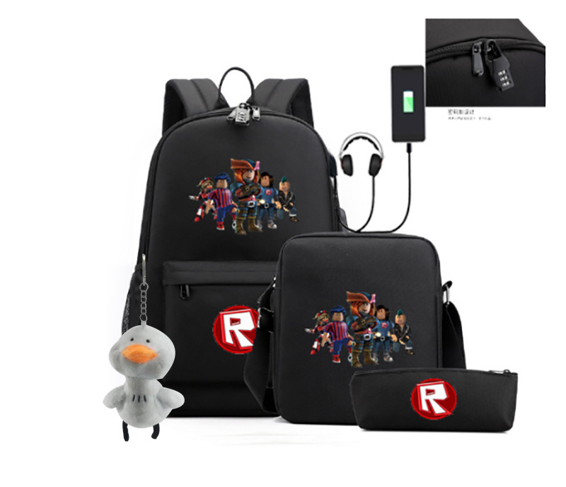 2023 juego de roblox transfronterizo alrededor de carga USB bolso de hombro masculino y femenino bolso de lápiz de un solo hombro conjunto de tres piezas para estudiantes de secundaria