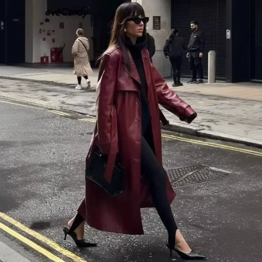 Трансграничная европейская и американская женская одежда AliExpress сломала среднюю и длинную кожаную куртку