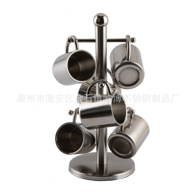 不锈钢套杯  双层水杯 带耳口杯 咖啡杯 七件套防烫配杯架 儿童杯