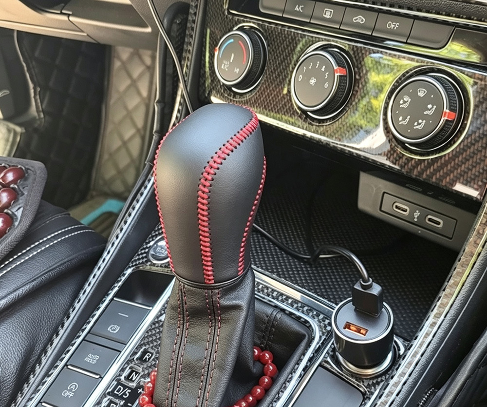 Car gear shift knob cover for Volkswagen 2012 Tiguan, Magotan, Bora, Lavida, and Sagitar; hand-stitched gear shift cover and handbrake cover