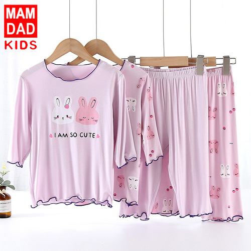 Rounuo's new children's air-conditioned clothing suit summer thin style similar to modal girls' pajamas suit three-quarter sleeve A