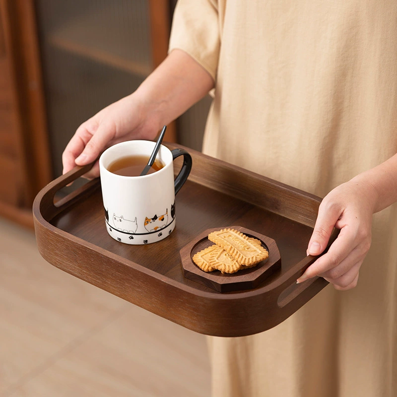 Creative Walnut Wood Serving Set: Rectangular Dinner Plate & Teacup Tray, Internet Celebrity Favorite