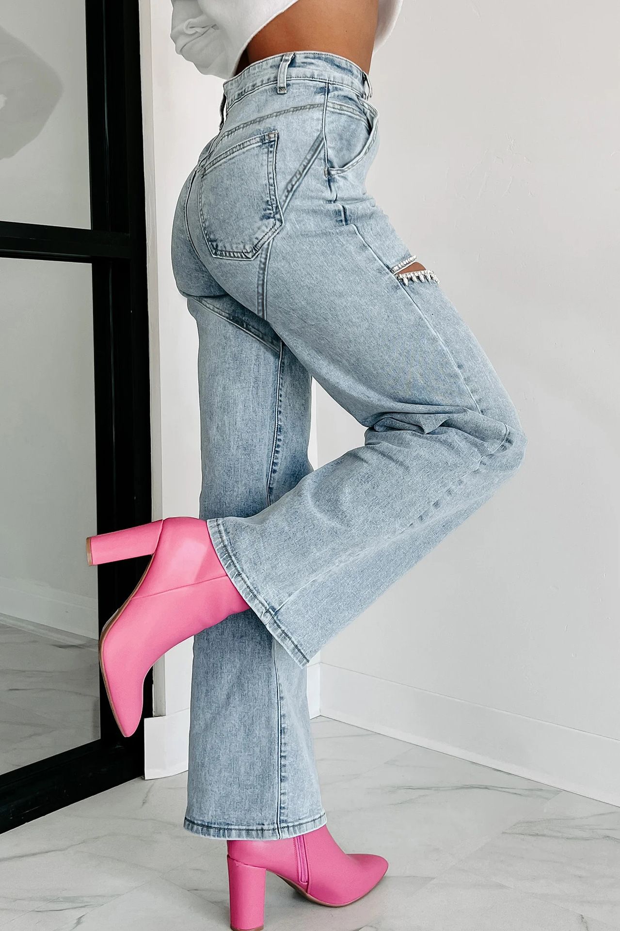 Women's Gender Ripped Design Women's Daily Streetwear Solid Color Full Length Ripped Jeans Straight Pants