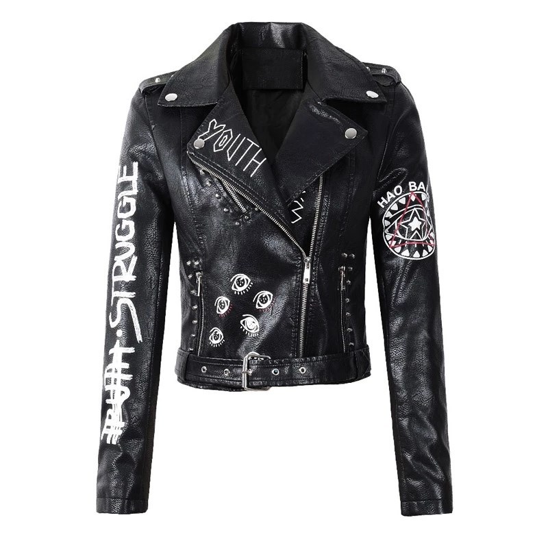 2024 New Spring Coat Leather Jacket Women's Pu Rivet Zipper Epaulettes 3D Print Motorcycle Street Wear
