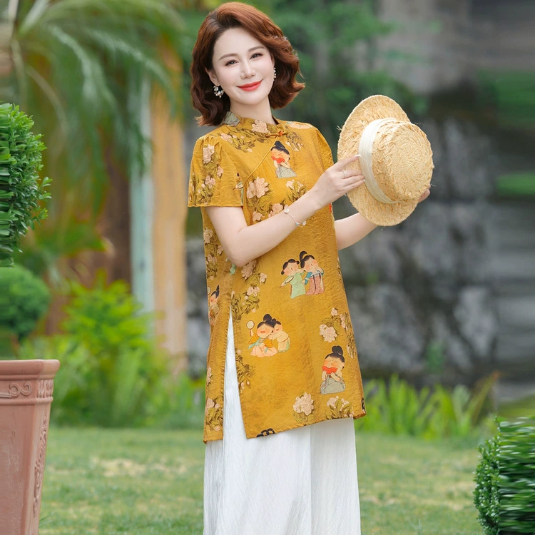 Элегантный летний наряд для мамы, новый комплект Cheongsam в китайском стиле, женская блузка в национальном стиле среднего возраста, широкие брюки, свободный стиль из двух предметов