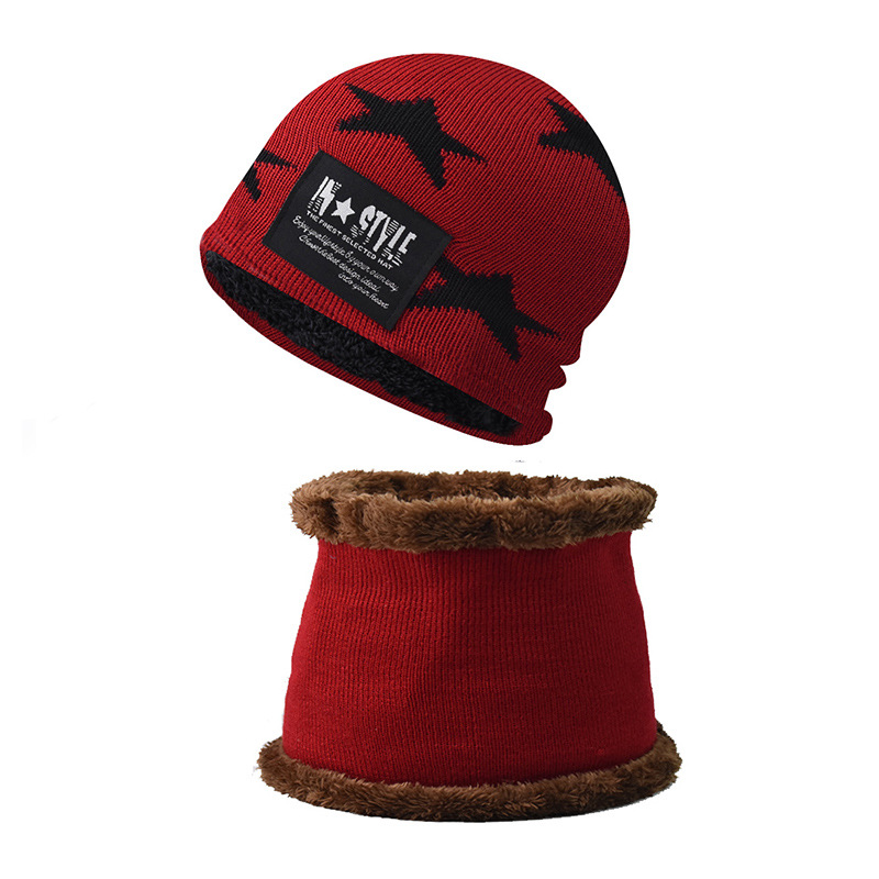El otoño y el invierno de lana forrada padre-hijo de punto sombrero estrella de cinco puntas bordado Jersey sombrero bufanda traje de protección del oído sombrero de lana caliente