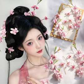 桃花花神发饰古风头饰汉服粉色花朵发钗点缀U钗古装掩鬓绢花配饰