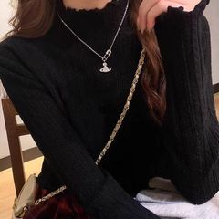 洋气黑色半高领长袖针织打底衫女新款春秋装氛围感内搭薄款毛衣女