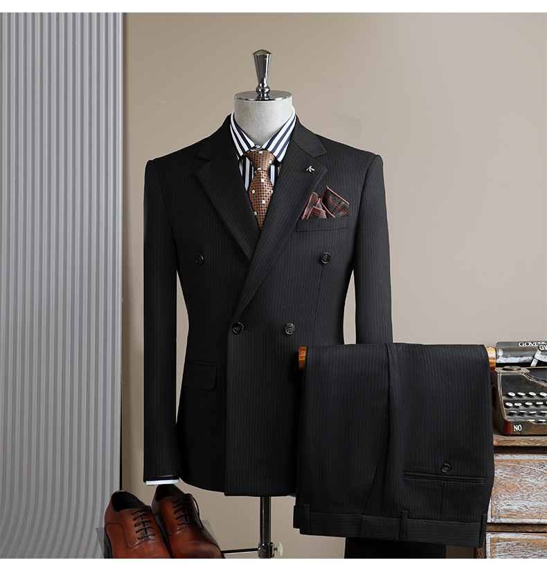 Men's Slim Fit Double Breasted Black Suit Professional Jacket_voghion.com