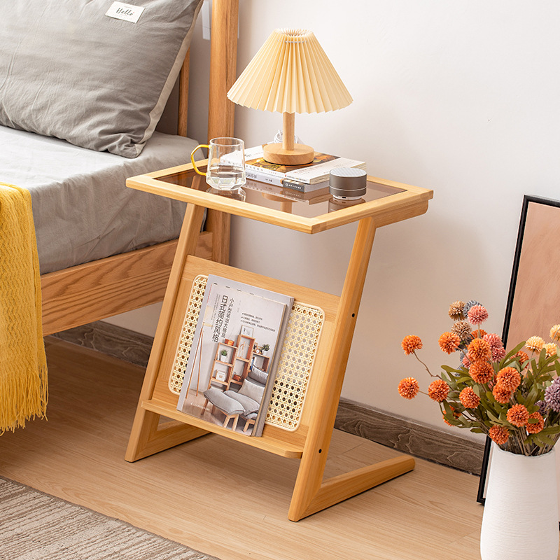 Mesa de noche de ratán simple hogar dormitorio Changhong mesita de noche de vidrio sala de estar japonesa sofá pequeño Gabinete lateral