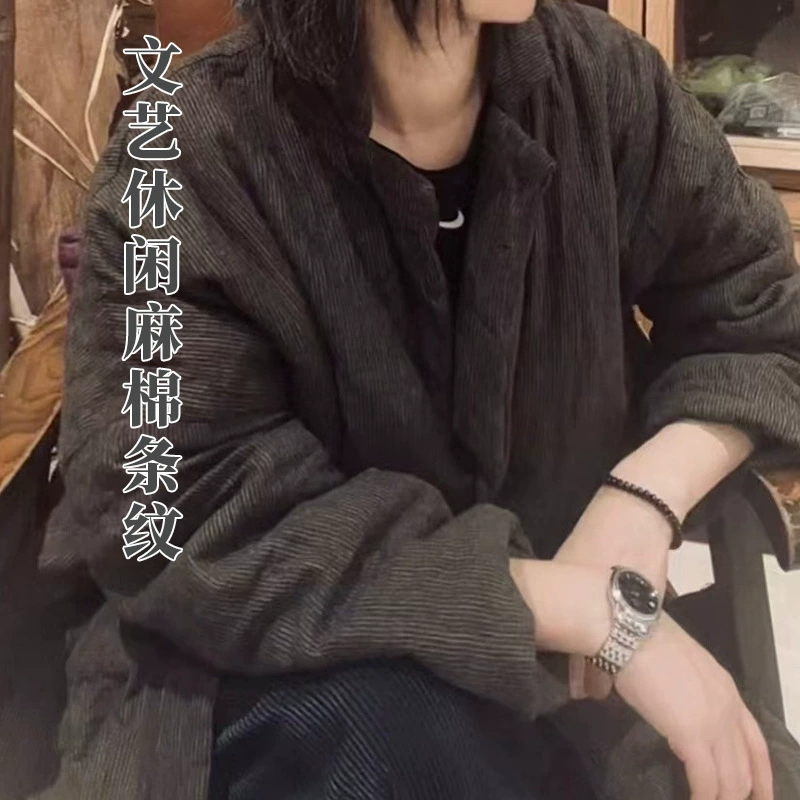 24/11 SN105 Литературный повседневный льняной хлопковый полосатый костюм средней длины, теплое хлопковое пальто, свободный костюм дзен