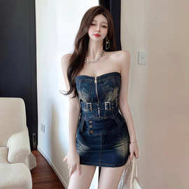 3058欧美东南亚外贸批发2026女装辣妹风拉链抹胸包臀短裙牛仔套装
