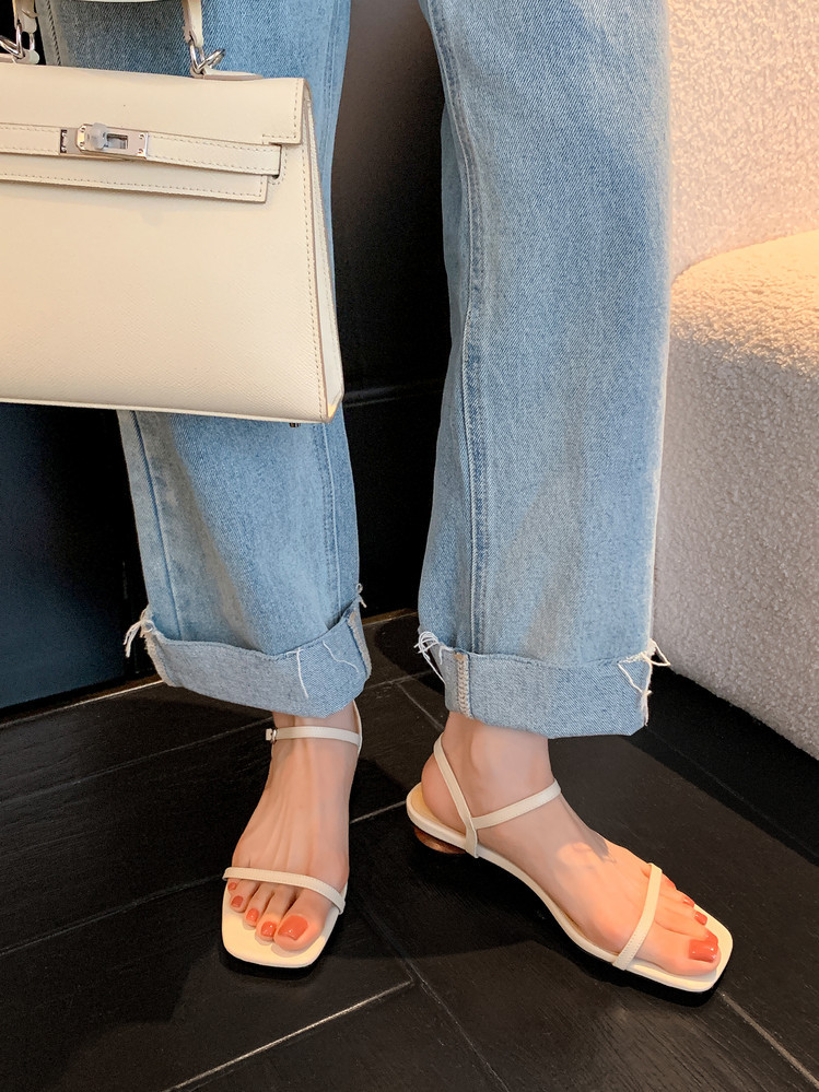 Sandal nữ gót thấp mũi vuông quai một dây hở ngón phong cách Hàn Quốc — đen, Tím, Màu trắng nhạt chi tiết 11