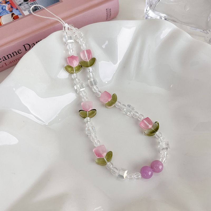 Ins primavera temprana flor de tulipán rosa cuentas de cadena de cuentas de cadena de cuentas de cadena de cuentas de cadena de cuentas de caso de teléfono móvil colgante de mujer ins cadena de viento
