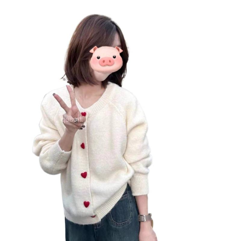 韩系温柔毛茸茸毛衣外套女秋冬宽松软糯爱心扣针织开衫插肩袖上衣|undefined