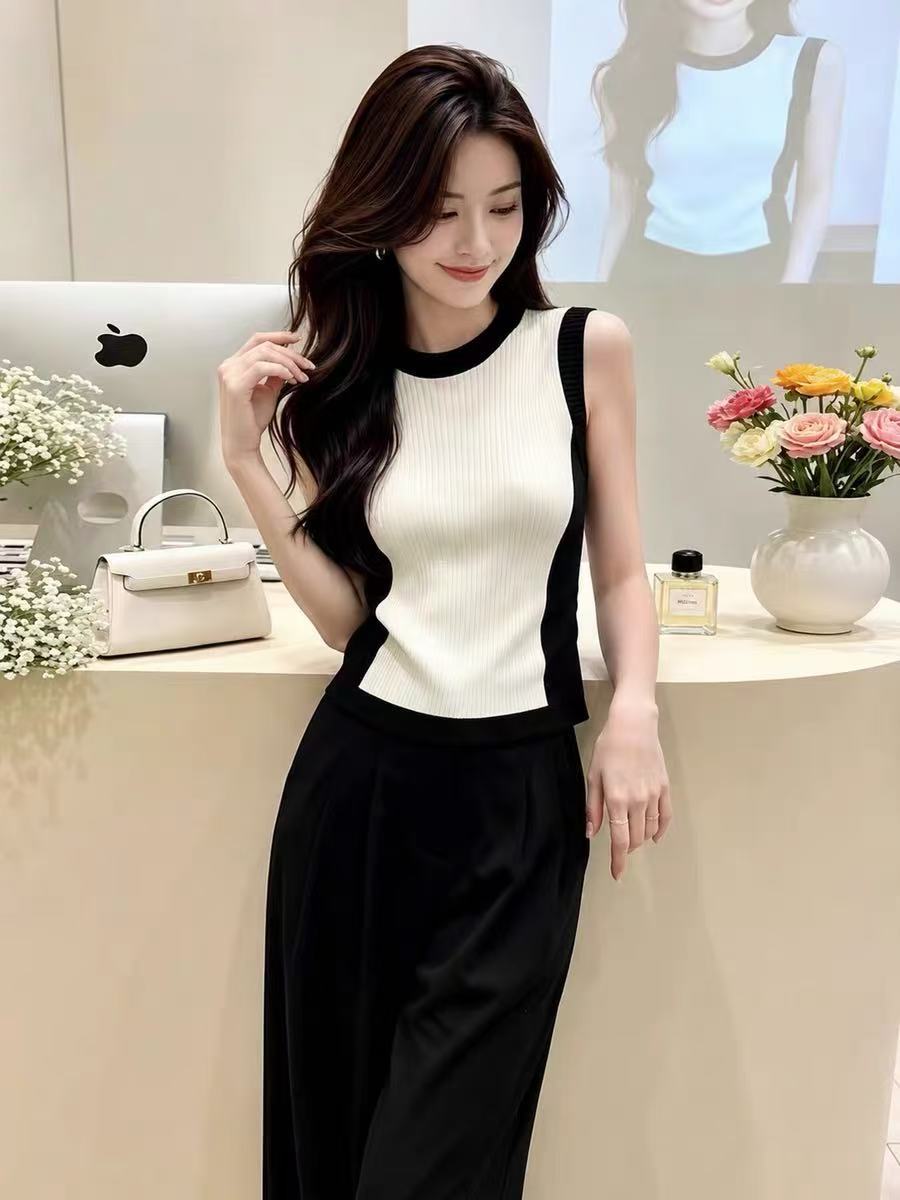 Áo hai dây nữ phối đen trắng tương phản, dáng ôm eo, phong cách Pháp — trắng