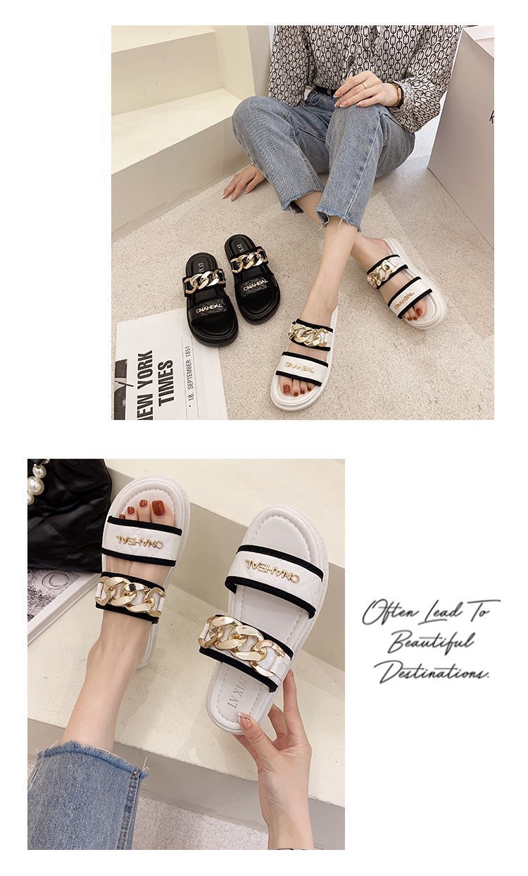Damen-Oberbekleidung, Keilabsätze, Influencer-Intrend-Sandalen, 2021 neuer Mode-Tanga mit Metallkette und dicker Sohle_voghion.com