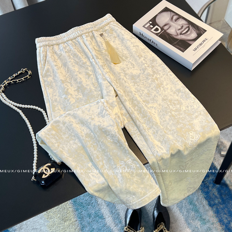 New Chinese Style National Style Velvet Thickened Wide Leg Pants Women's 2024 Autumn and Winter New Jacquard Tassel Loose Casual Straight Pants