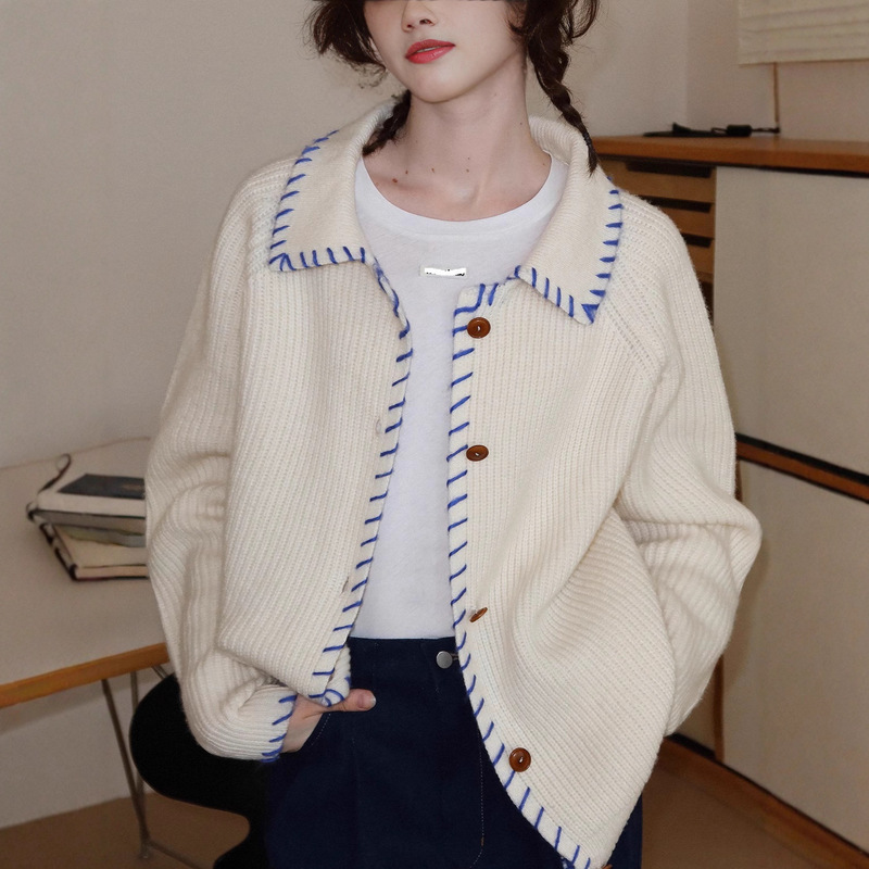 Iceland Blue Iceland'650G High Weight Handmade Contrasting Color 100 Sheep Wool Knitted Cardigan Sweater for Women