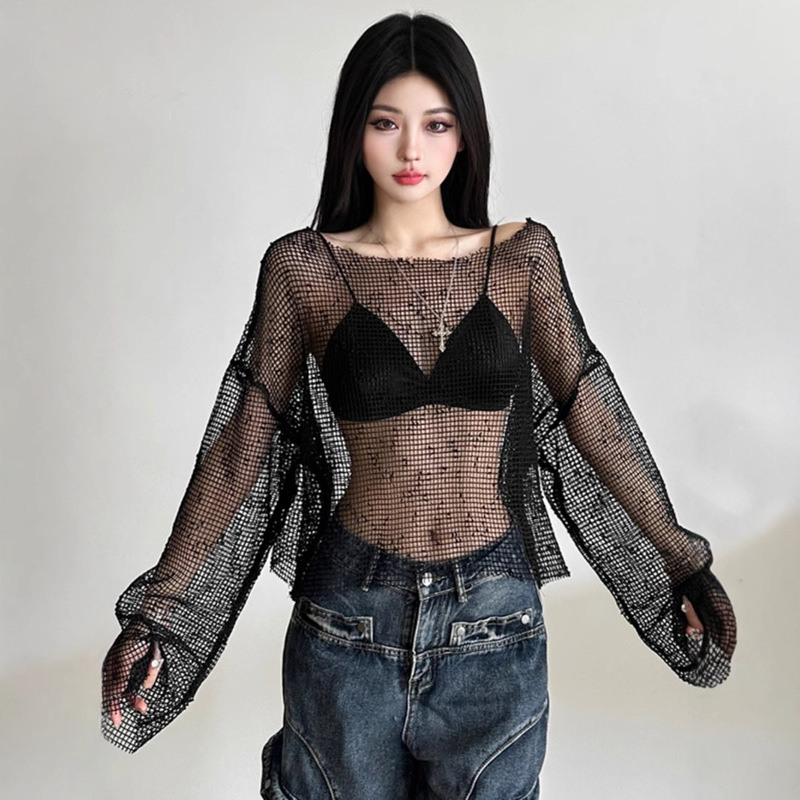 American Style Hot Girl Style Design Sense Fishnet Hollow Shoulder Long-sleeved T-shirt Trendy Cool Bottoming Short Top Women's Trendy
