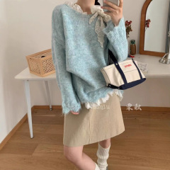 韩版蕾丝拼接长袖针织衫女装秋季2025新款慵懒风宽松显瘦软糯毛衣