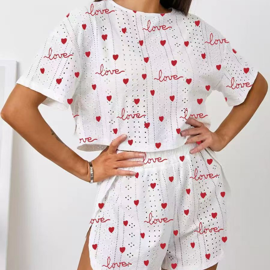 2025跨境欧美女士短袖短裤提花印花夏季时尚两件套睡衣家居服套装