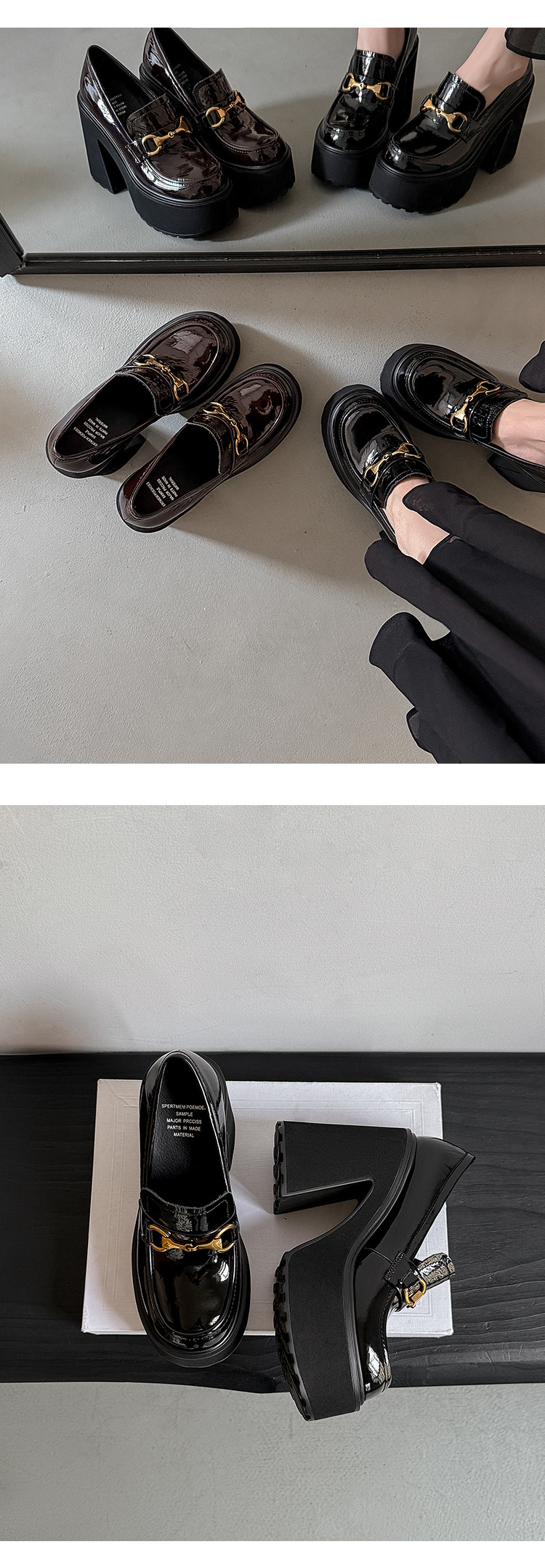 Giày cao gót nữ đế xuồng platform 11cm, mũi vuông phong cách JK, dây xích trang trí — màu nâu, màu đen chi tiết 8