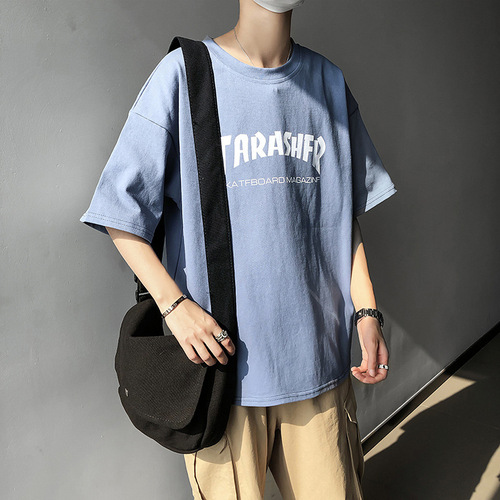 Men's trendy T-shirt, Korean style, Hong Kong fashion, popular influencer clothes, men's 5.5-inch half-sleeve, Instagram short sleeve, men's loose clothing