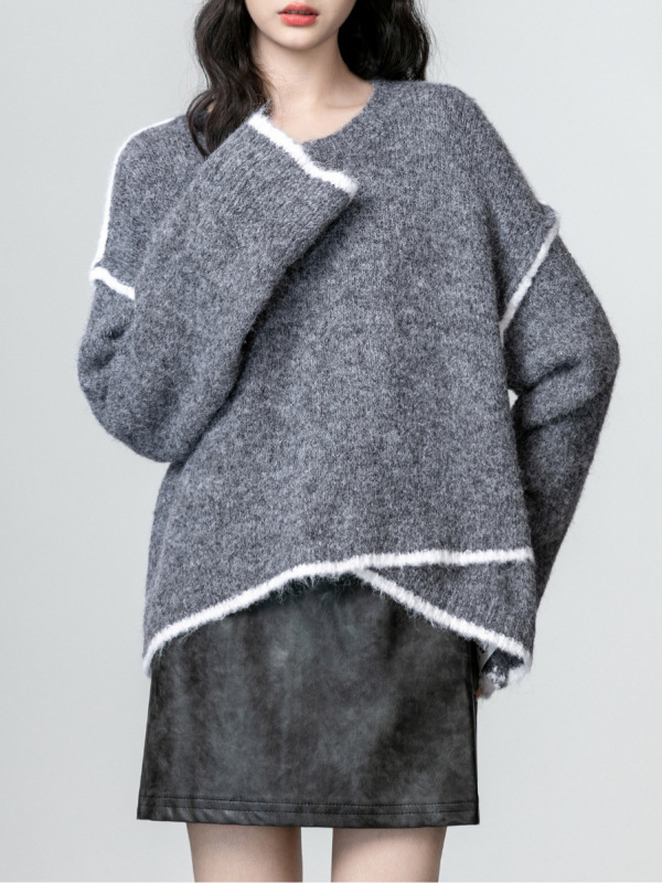 灰色圆领毛衣女打底2025秋冬新款设计感慵懒风宽松套头针织衫上衣|undefined